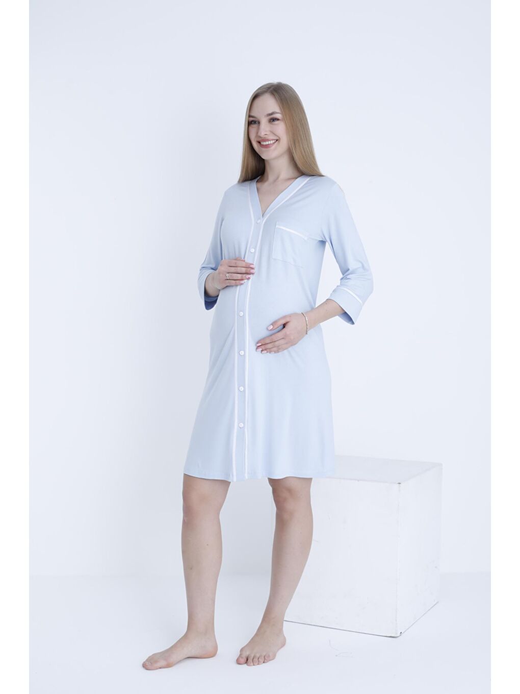 Bebek Mavisi Önden Düğmeli Şerit Detaylı Hamile ve Lohusa Örme Gecelik-2
