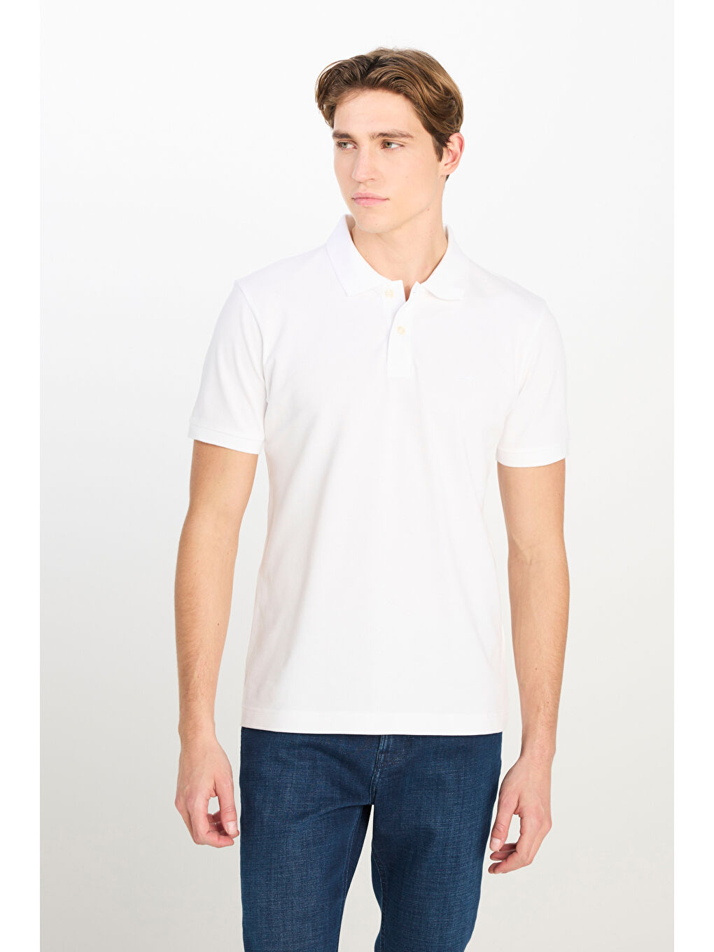 %100 Pamuk Regular Fit Normal Kesim Kırık Beyaz Polo Yaka Tişört