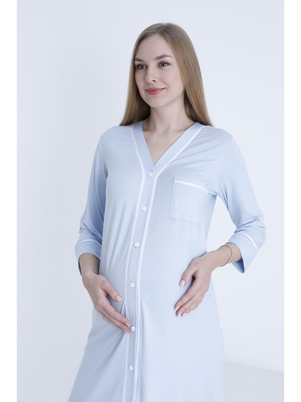 Bebek Mavisi Önden Düğmeli Şerit Detaylı Hamile ve Lohusa Örme Gecelik-5
