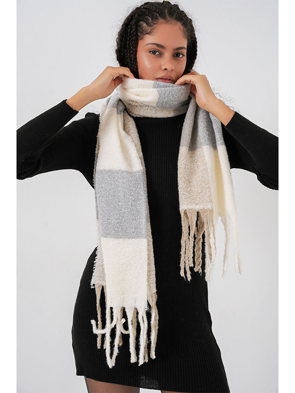 Kadın Yumuşak Dokulu Kalın Şal Atkı 15951 - A.Gri-2