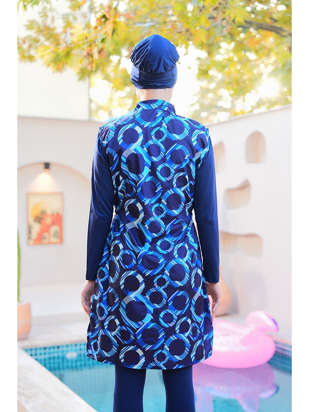 Lacivert Paraşüt Kumaş Fermuarlı Jile Model Taytlı Kapalı Tesettür Mayo 3864-4