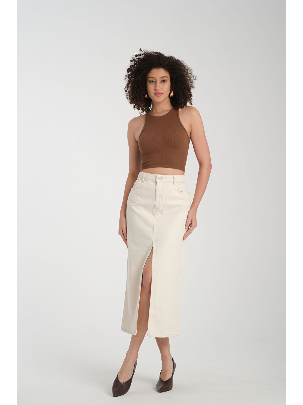 Ekru Kadın Önü Yırtmaçlı Denim Etek 6660-1