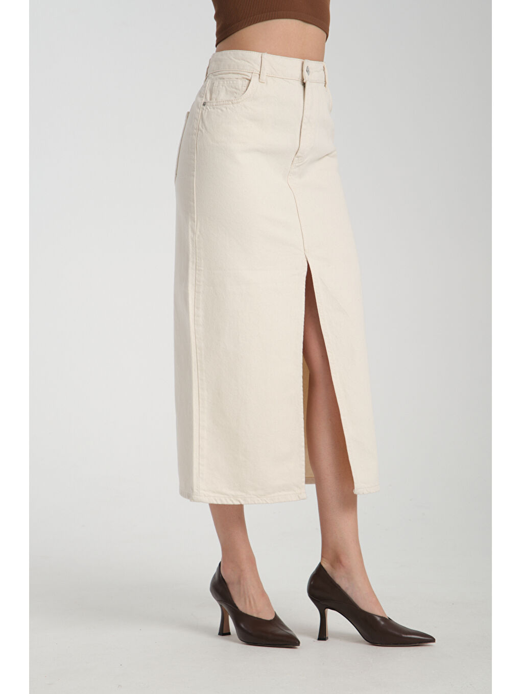 Ekru Kadın Önü Yırtmaçlı Denim Etek 6660-2