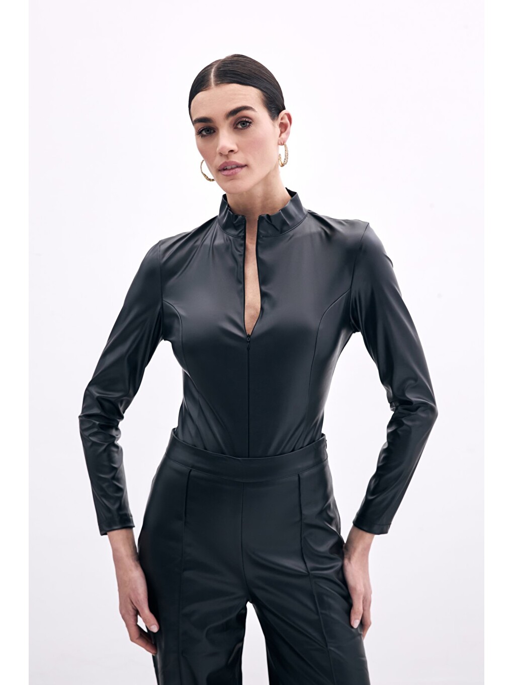 Fermuarlı Deri Bodysuit - Siyah-3