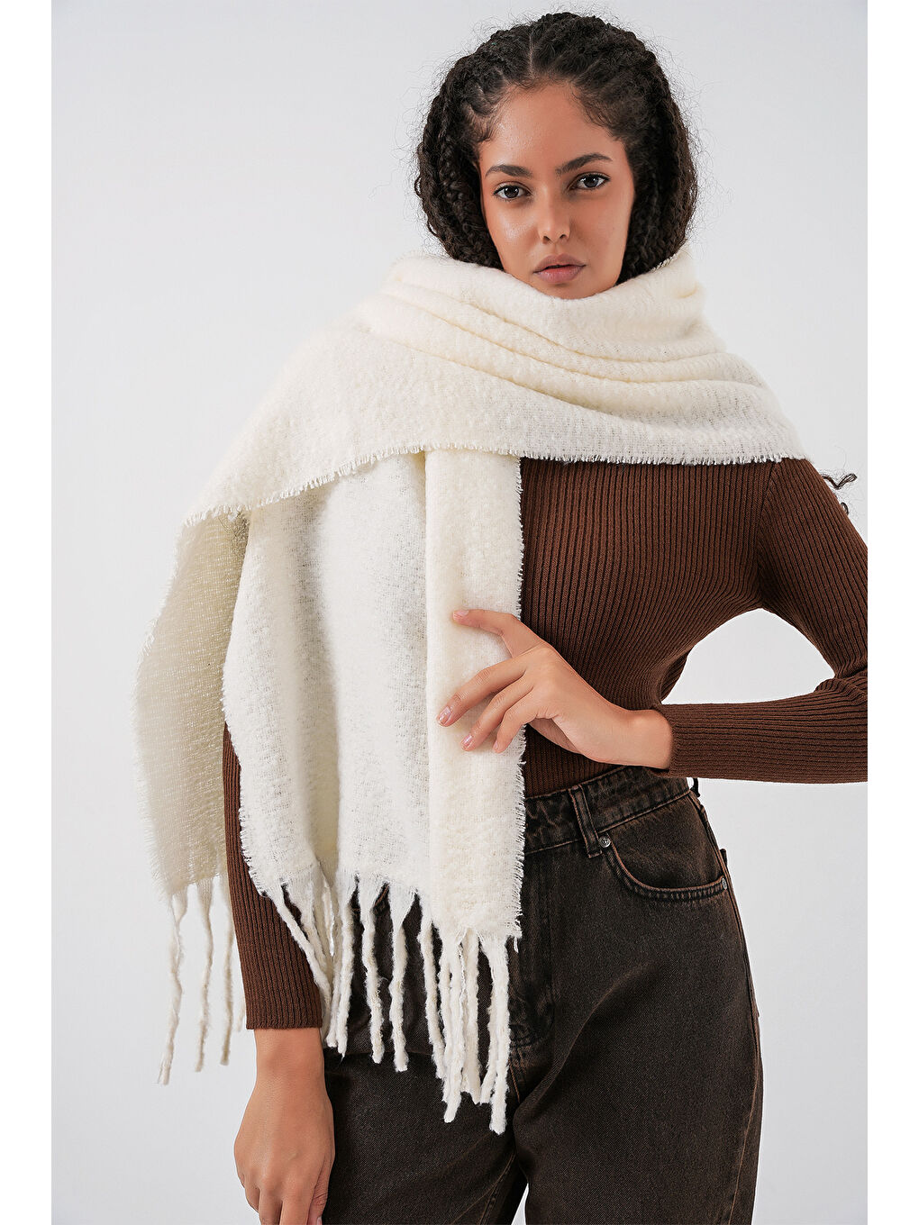 Kadın Yumuşak Dokulu Kalın Şal Atkı 15951 - Ekru-4