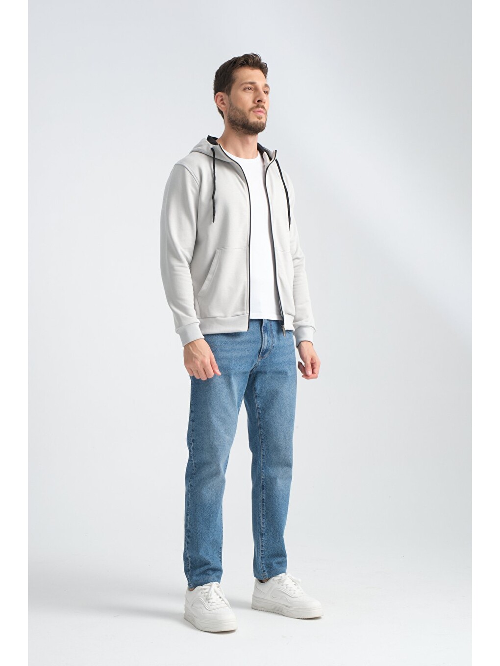 Bej Taş Erkek Üç İplik Şardonsuz Fermuarlı Kapüşonlu Sweatshirt-6