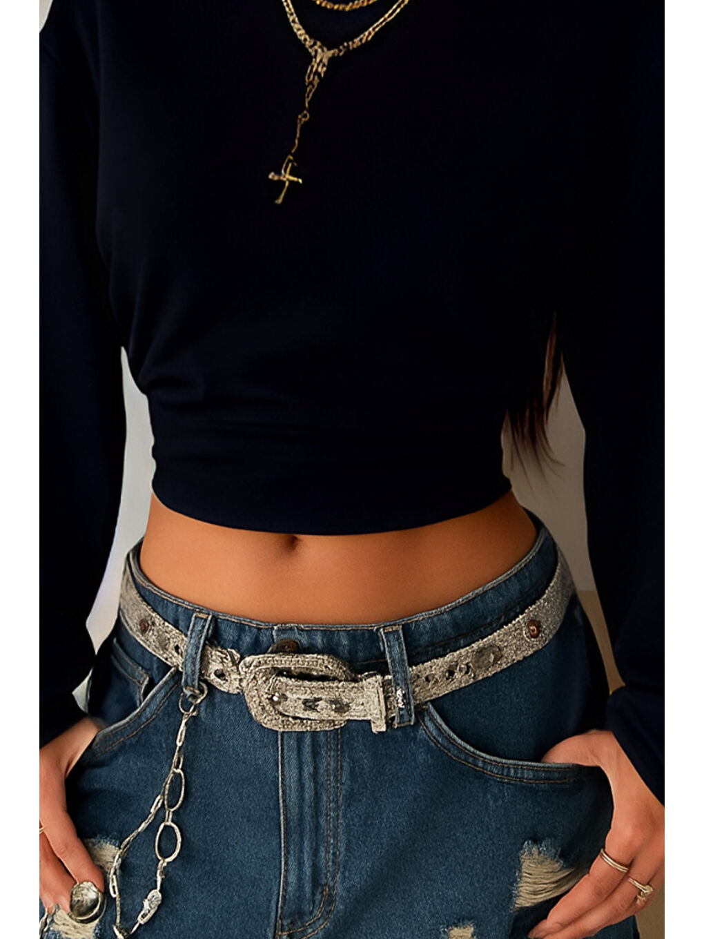 Kadın Siyah Bisiklet Yaka Belden Oturtmalı Tasarım Sweatshirt-1