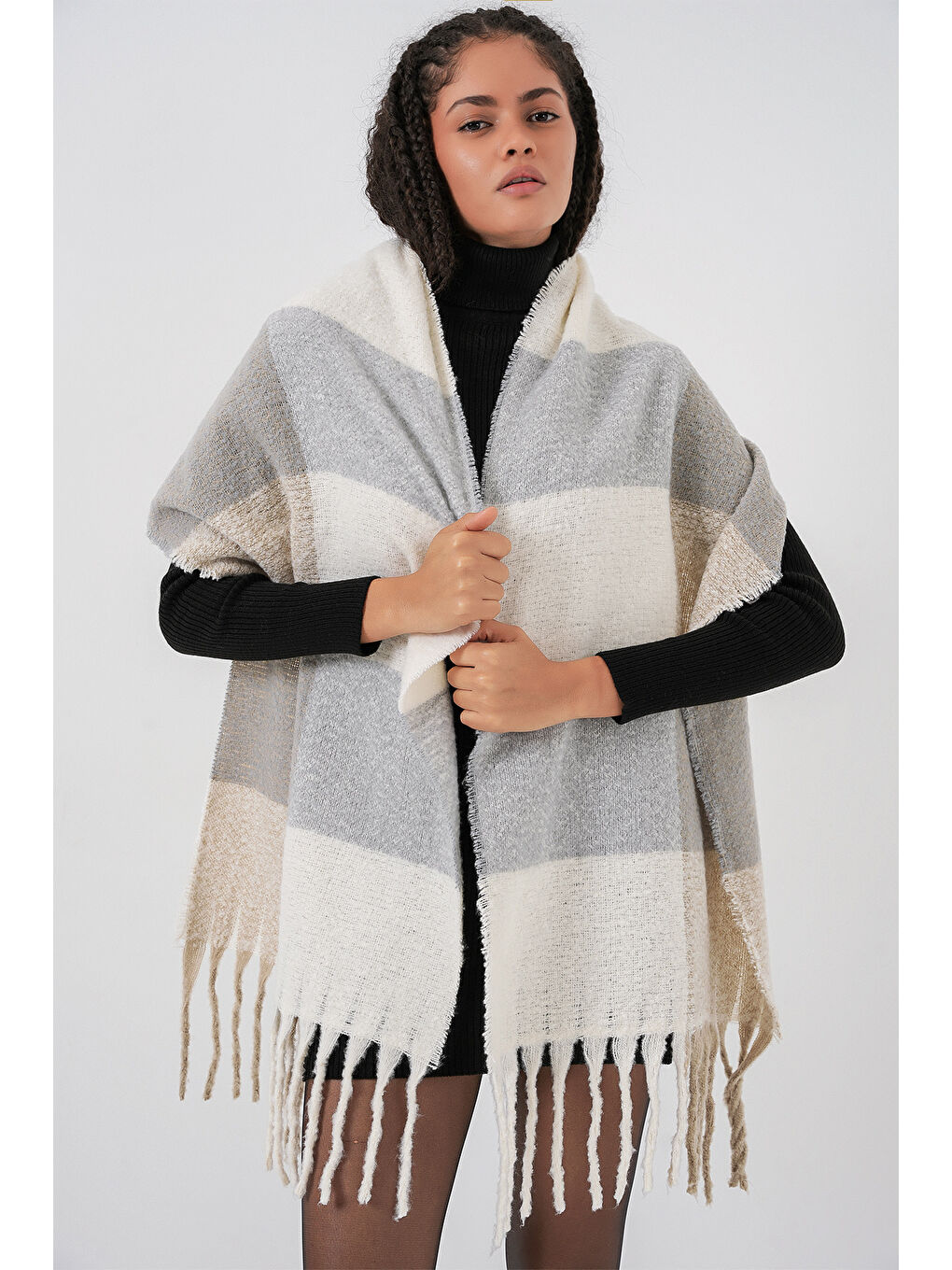 Kadın Yumuşak Dokulu Kalın Şal Atkı 15951 - A.Gri-3