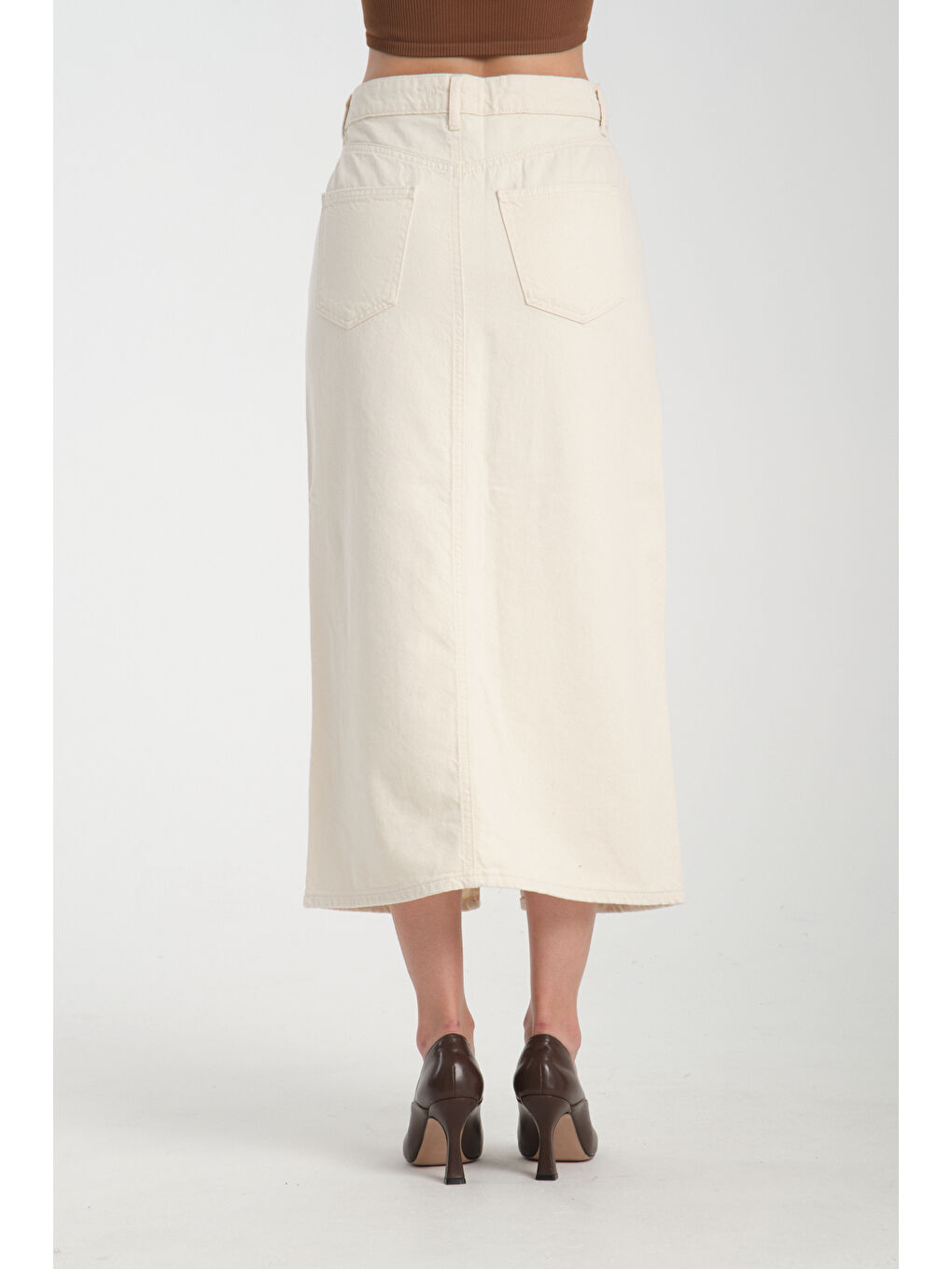 Ekru Kadın Önü Yırtmaçlı Denim Etek 6660-3