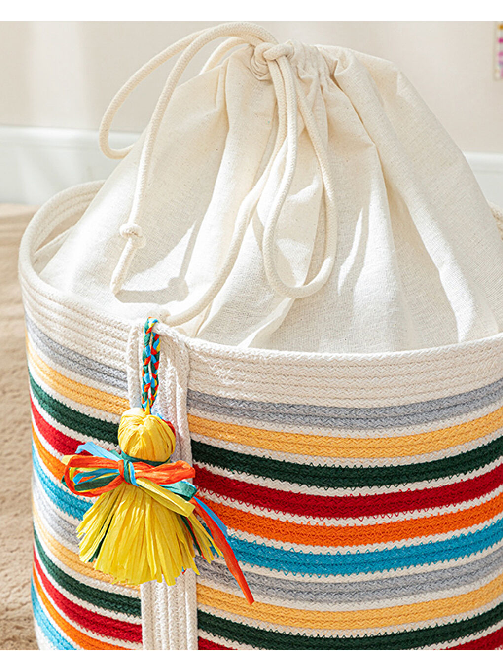 Beyaz Çizgili Sepet Örgü Pamuk Oyuncak Sepeti Multicolor-2