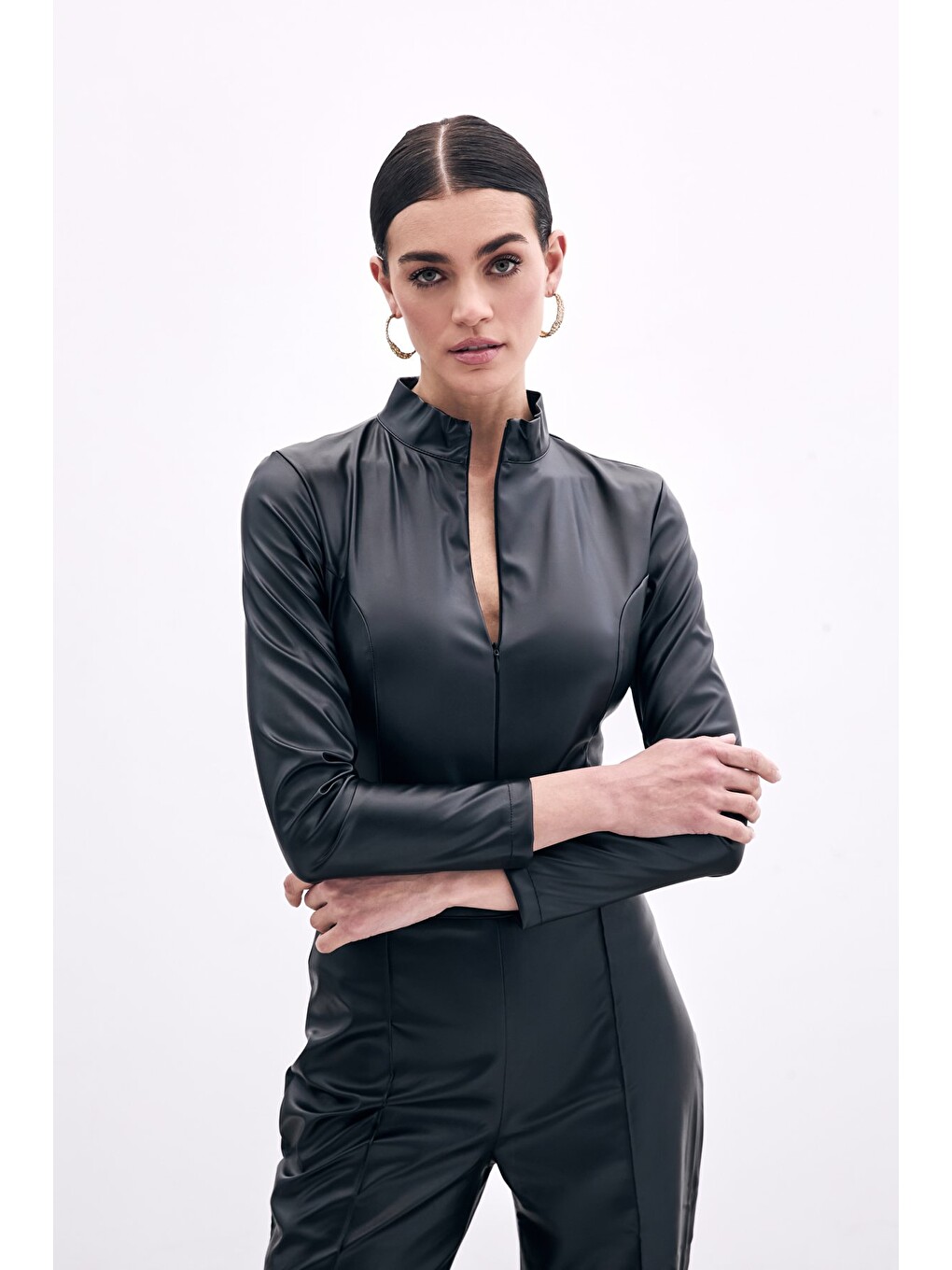 Fermuarlı Deri Bodysuit - Siyah-4
