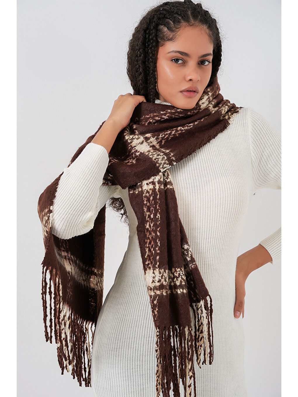 Kadın Yumuşak Dokulu Kalın Şal Atkı 15951 - Kahverengi-1
