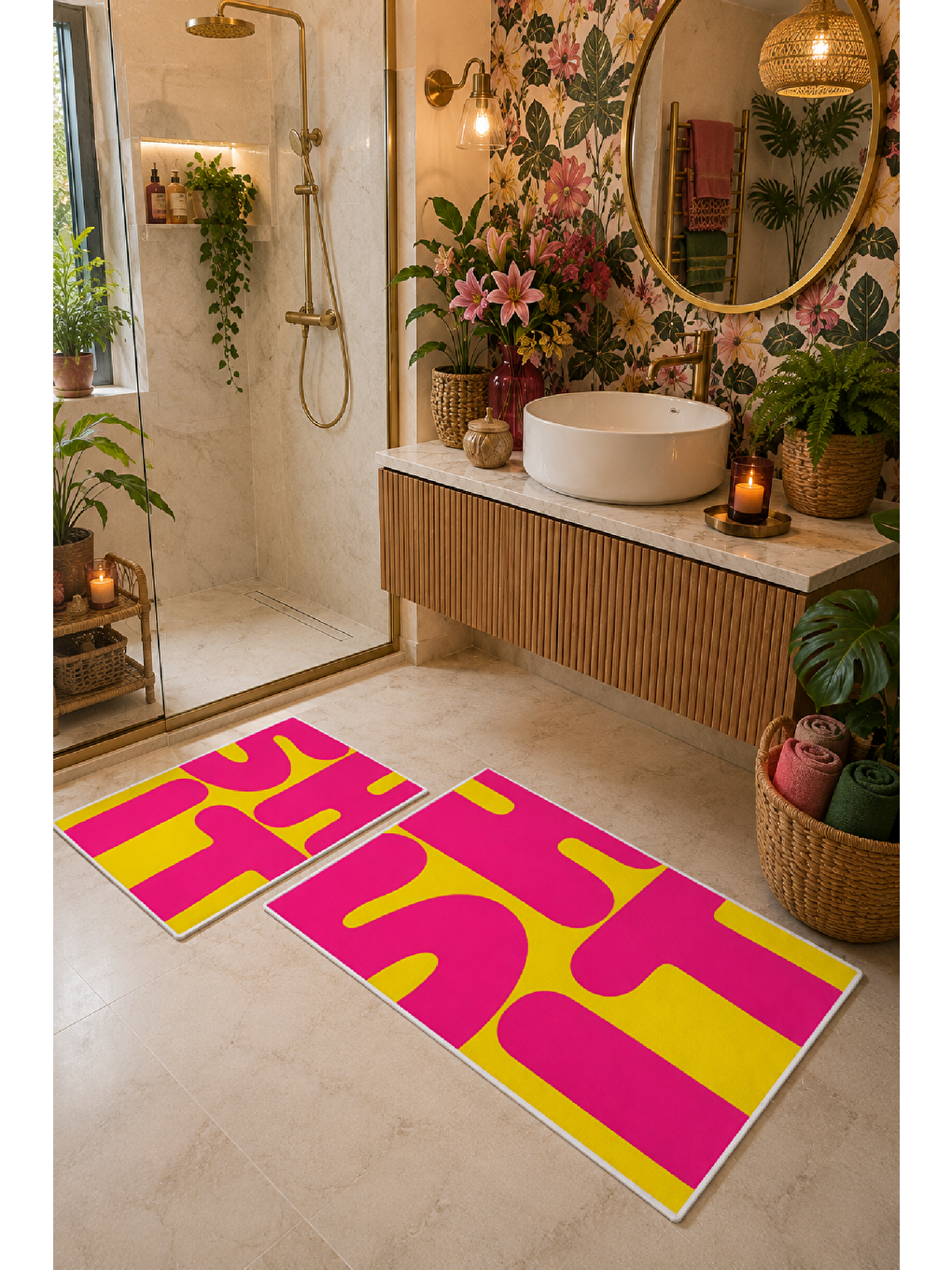 Neon Fuşya Sarı Soyut Tipografik Banyo Paspası 2’li Set-7
