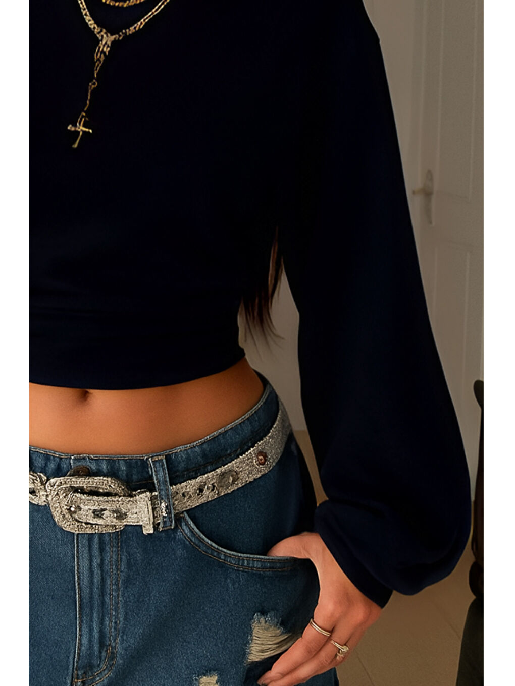 Kadın Siyah Bisiklet Yaka Belden Oturtmalı Tasarım Sweatshirt-2