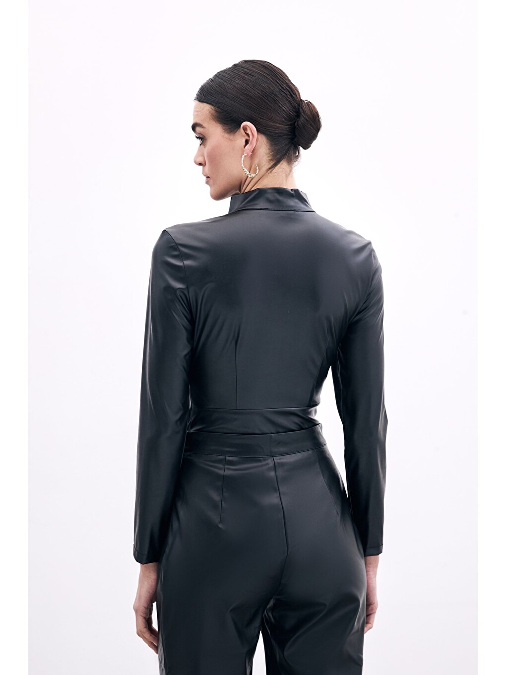 Fermuarlı Deri Bodysuit - Siyah-5