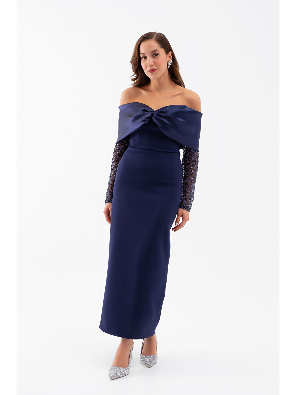 Kadın Lacivert Kol Detaylı Fiyonklu Söz Nişan Nikah Abiye Elbise