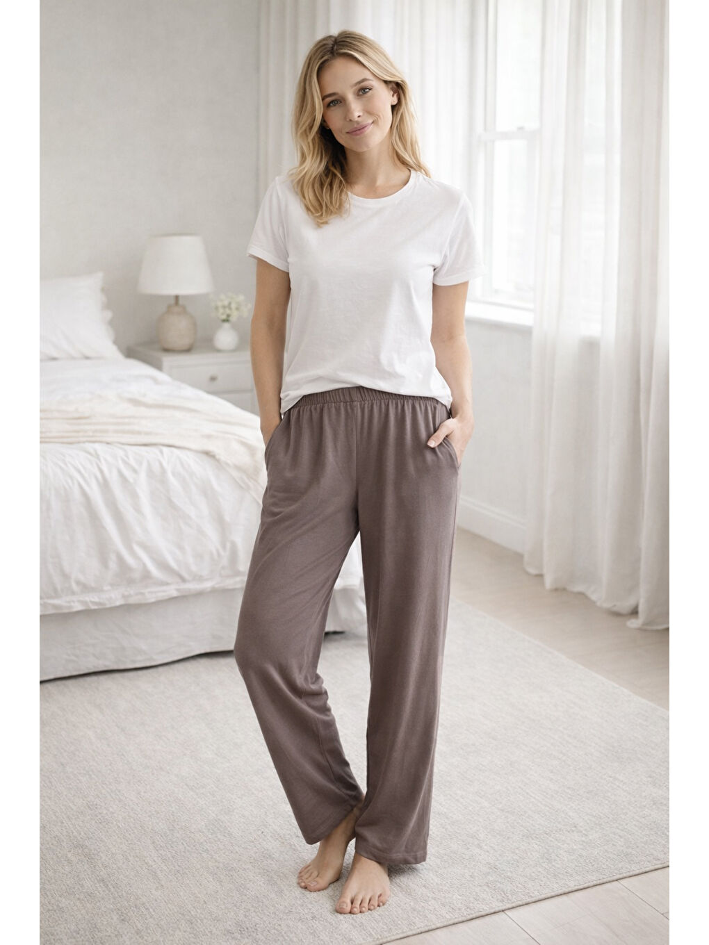 Kahverengi Kadın Penye Kumaş Tek Pijama Alt 01 Toprak-1