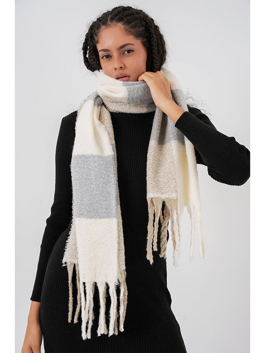 Kadın Yumuşak Dokulu Kalın Şal Atkı 15951 - A.Gri-4