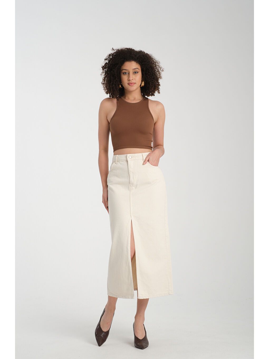 Ekru Kadın Önü Yırtmaçlı Denim Etek 6660-4