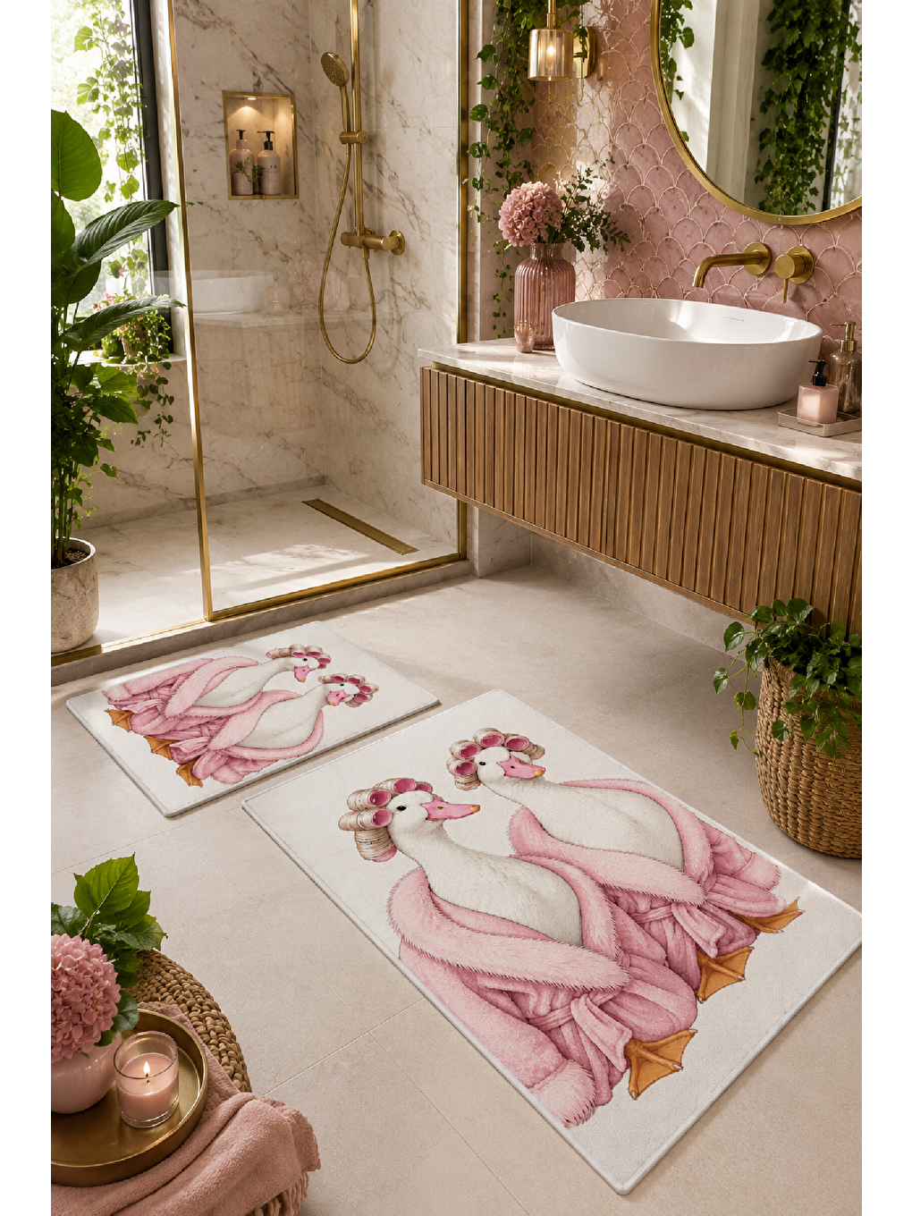 Beyaz Pembe Bornozlu Tavşan Desenli Banyo Paspası 2’li Set-5