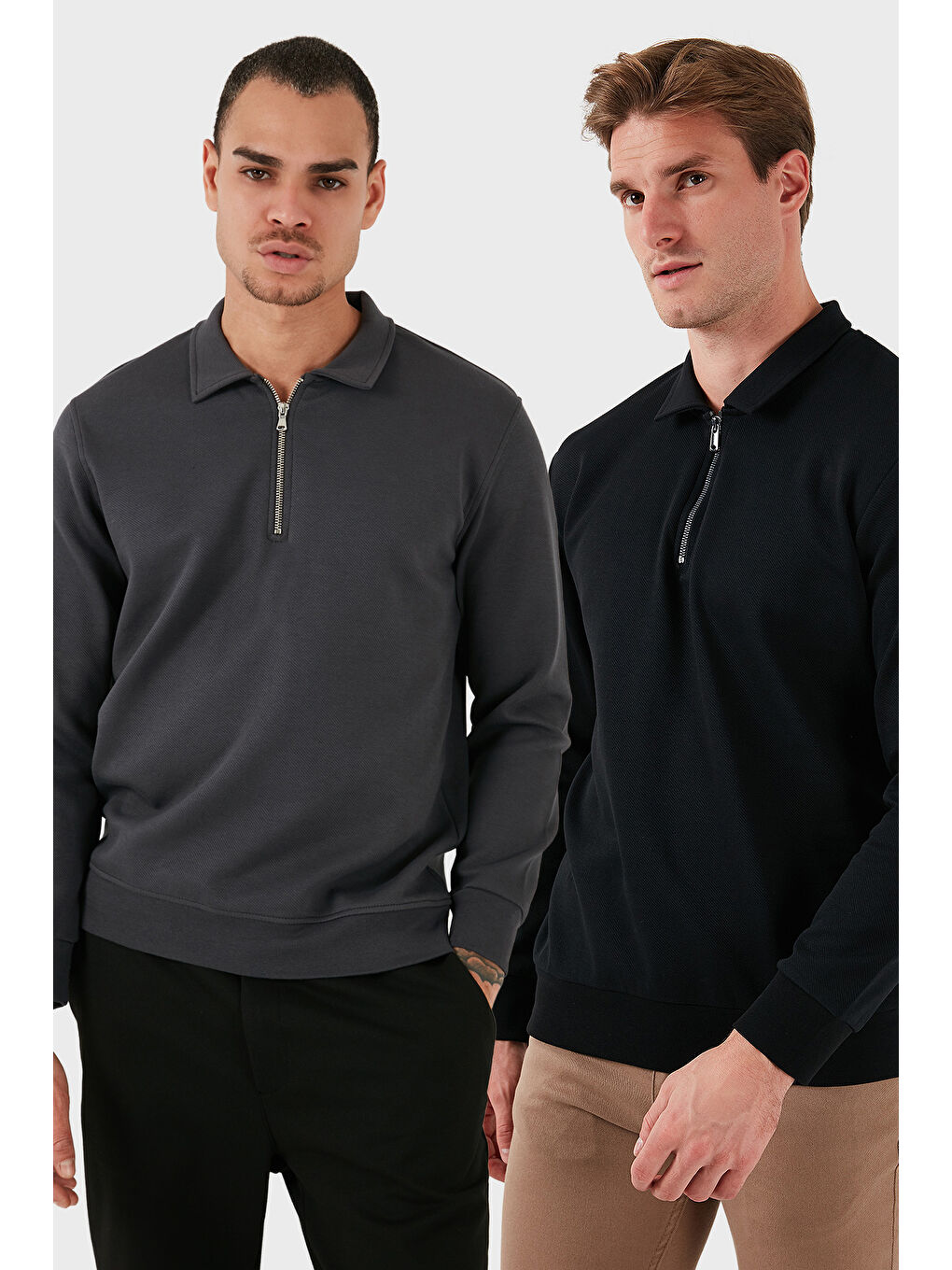Gri Pamuklu Regular Fit Yarım Fermuarlı 2'li Paket Polo Yaka Sweat 5905789S2