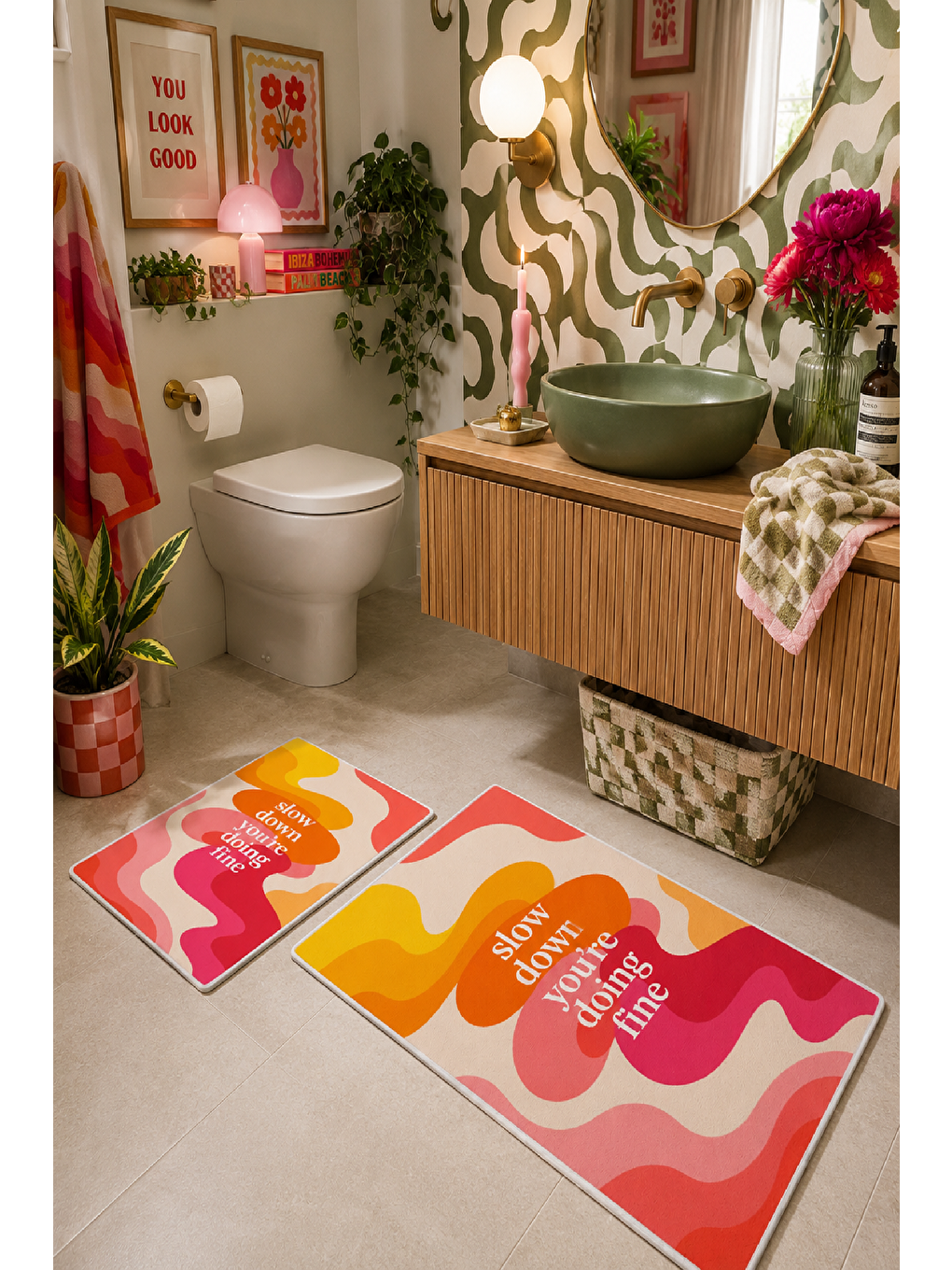 Pembe Turuncu Slow Down Yazılı Dalga Desenli Banyo Paspası 2’li Set-3