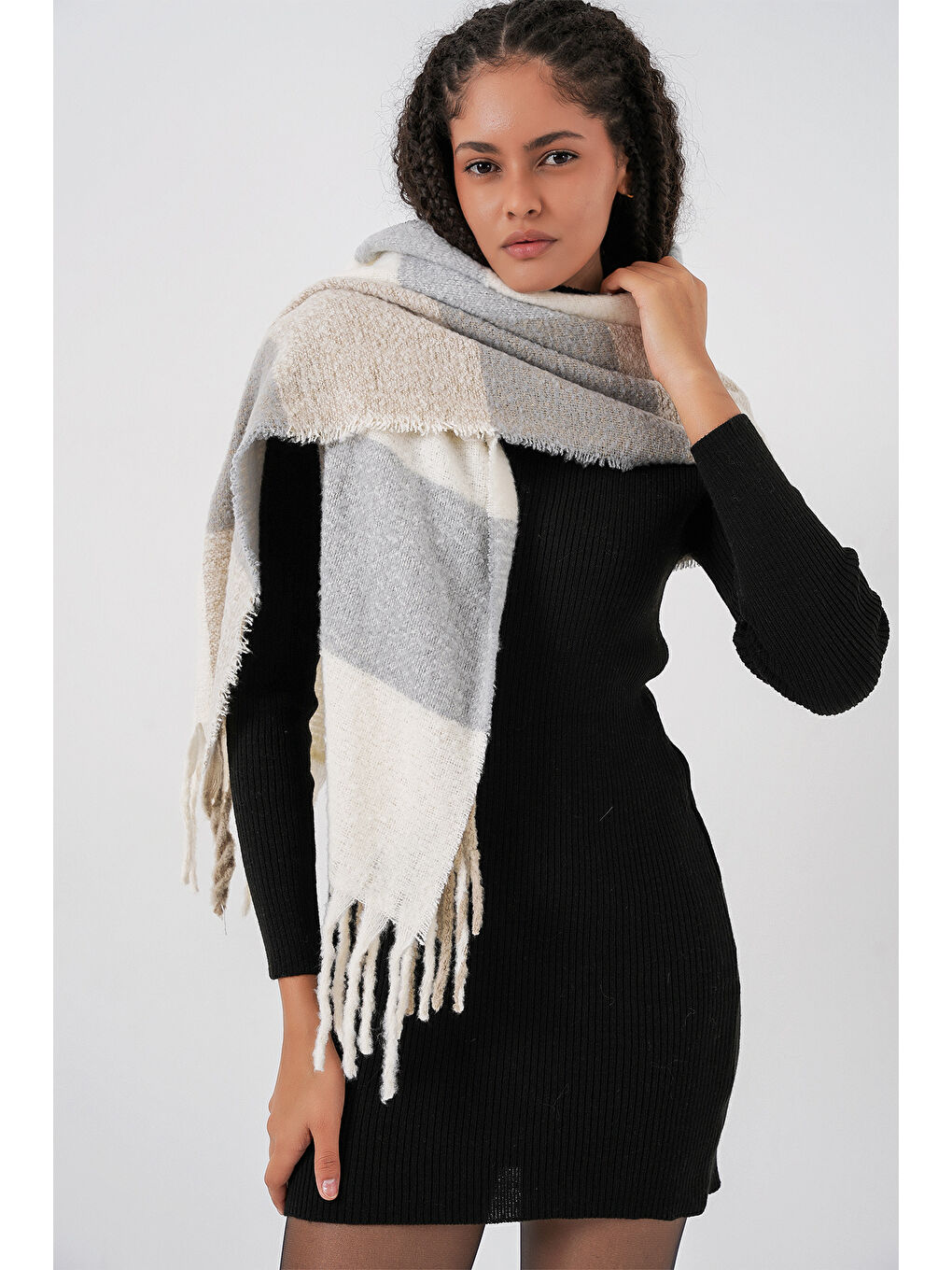 Kadın Yumuşak Dokulu Kalın Şal Atkı 15951 - A.Gri-5