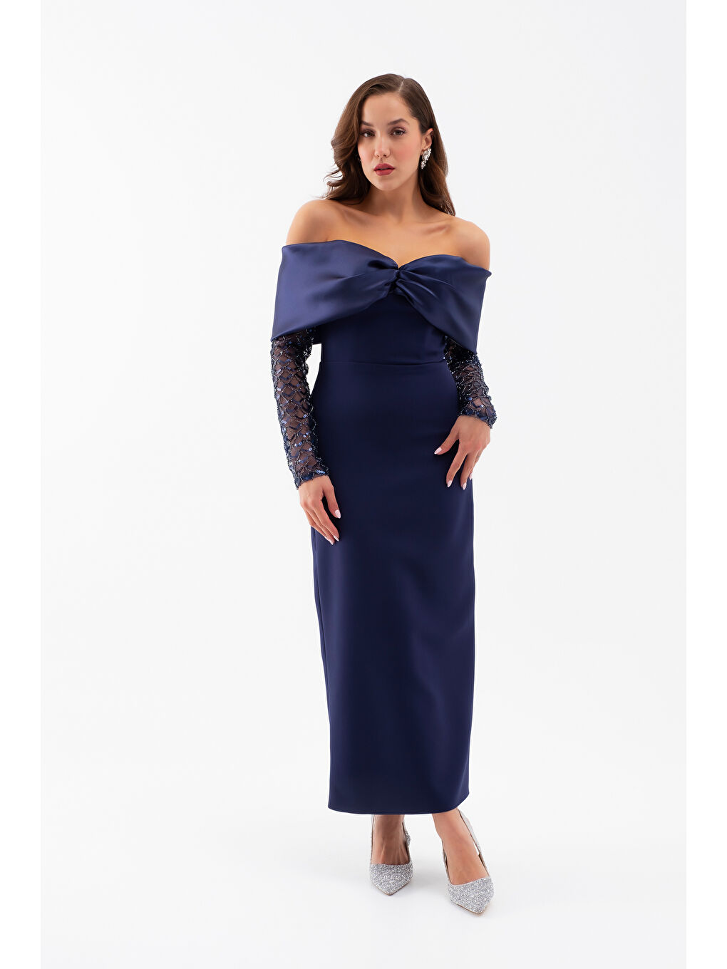 Kadın Lacivert Kol Detaylı Fiyonklu Söz Nişan Nikah Abiye Elbise-1