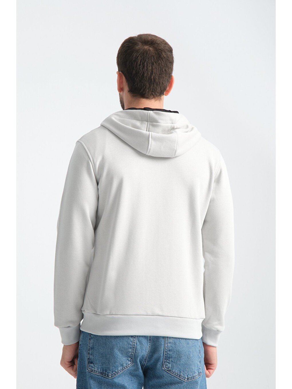 Bej Taş Erkek Üç İplik Şardonsuz Fermuarlı Kapüşonlu Sweatshirt-7