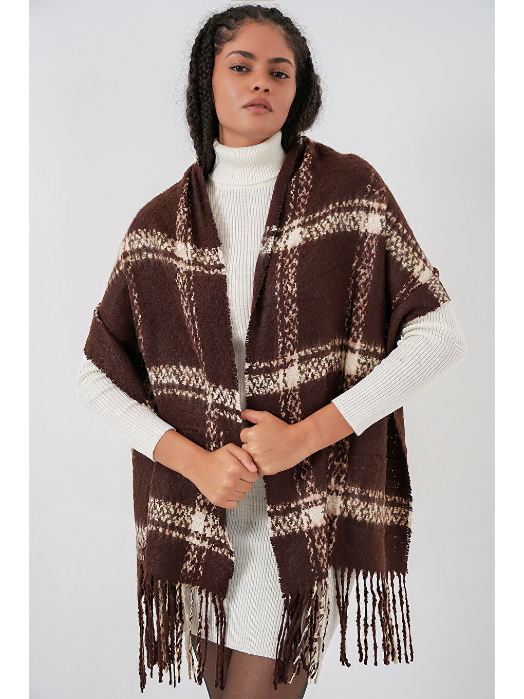 Kadın Yumuşak Dokulu Kalın Şal Atkı 15951 - Kahverengi-2