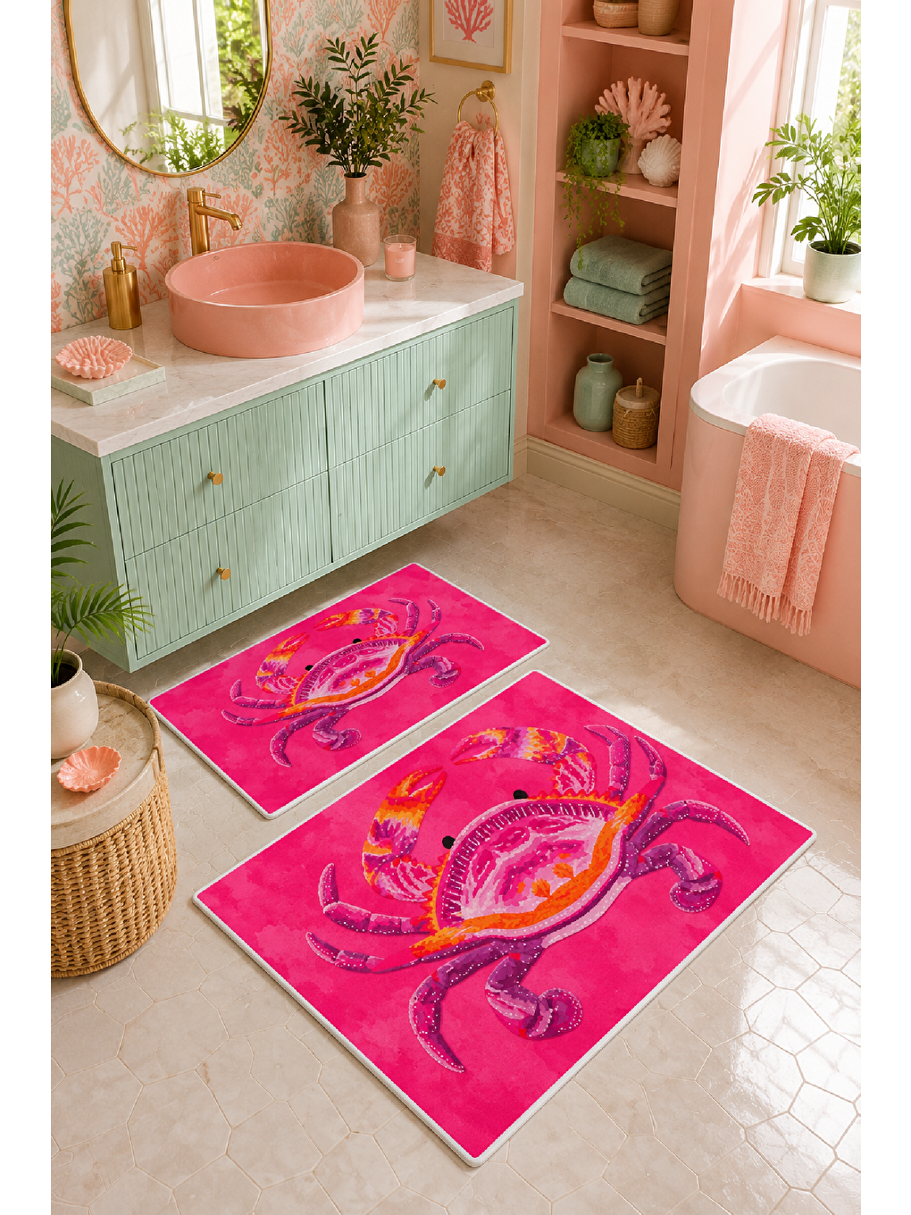 Fuşya Yengeç Desenli Kaymaz Taban Banyo Paspası 2’li Set-5