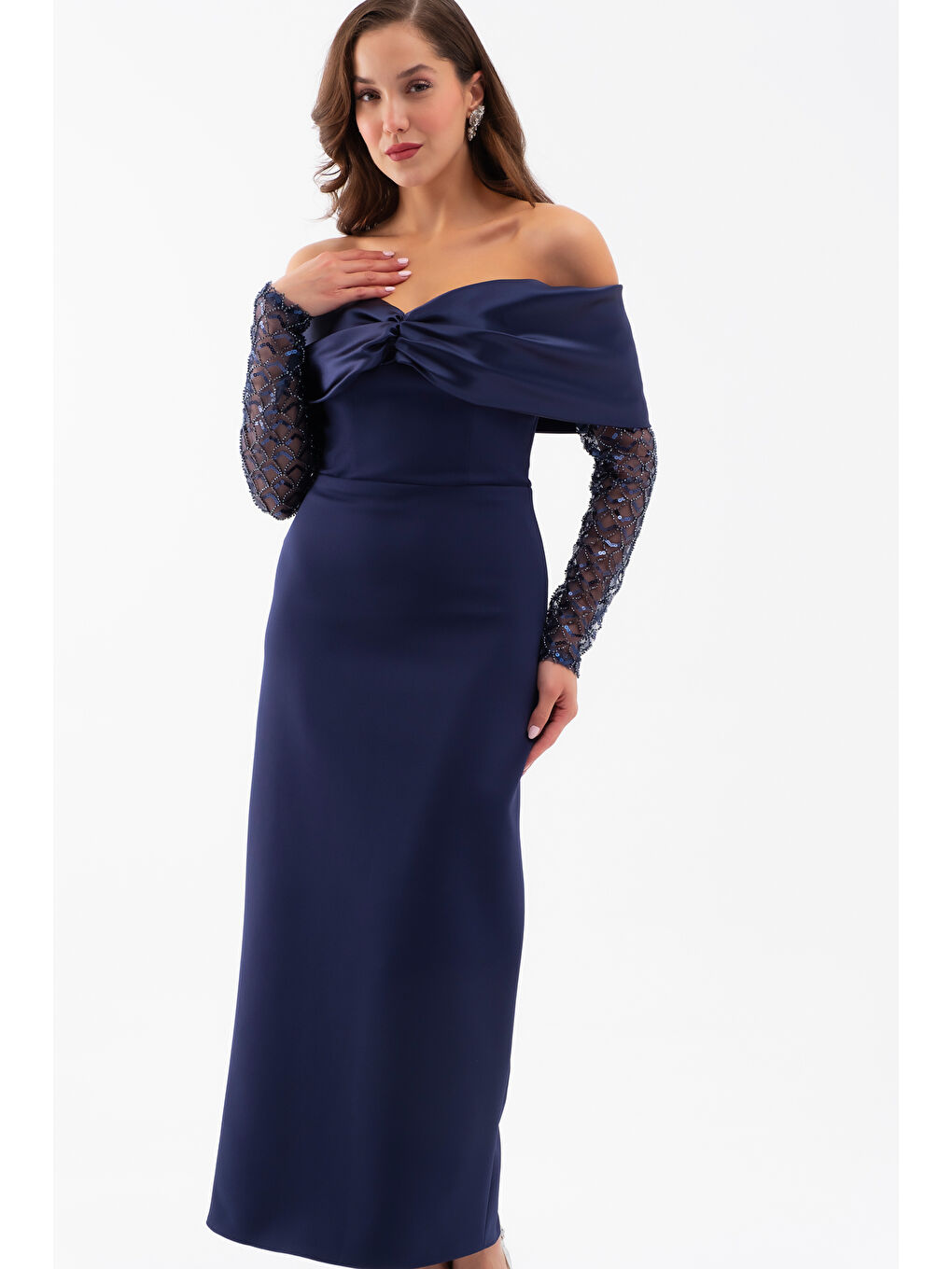 Kadın Lacivert Kol Detaylı Fiyonklu Söz Nişan Nikah Abiye Elbise-2