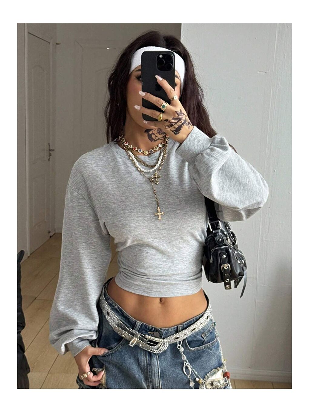 Kadın Gri Bisiklet Yaka Belden Oturtmalı Tasarım Sweatshirt-1