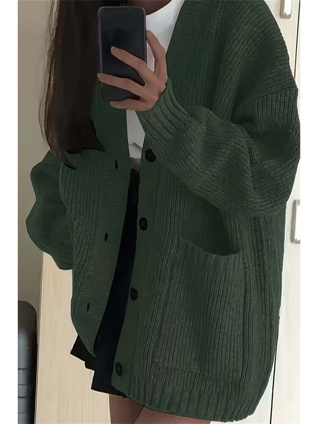 Kadın Haki Oversize Cepli Düğmeli V Yaka Triko Hırka