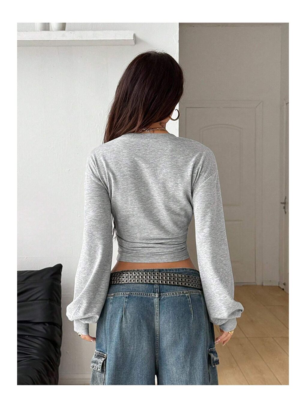 Kadın Gri Bisiklet Yaka Belden Oturtmalı Tasarım Sweatshirt-2