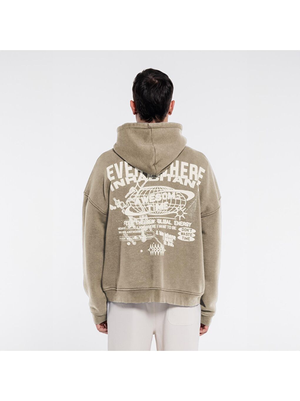 Friday Offset Kahverengi Velo Erkek Kahverengi Kapüşonlu Ekstra Oversize Sweatshirt Hoodie - Yıkama Efektli 3 İplik Kumaş - 1