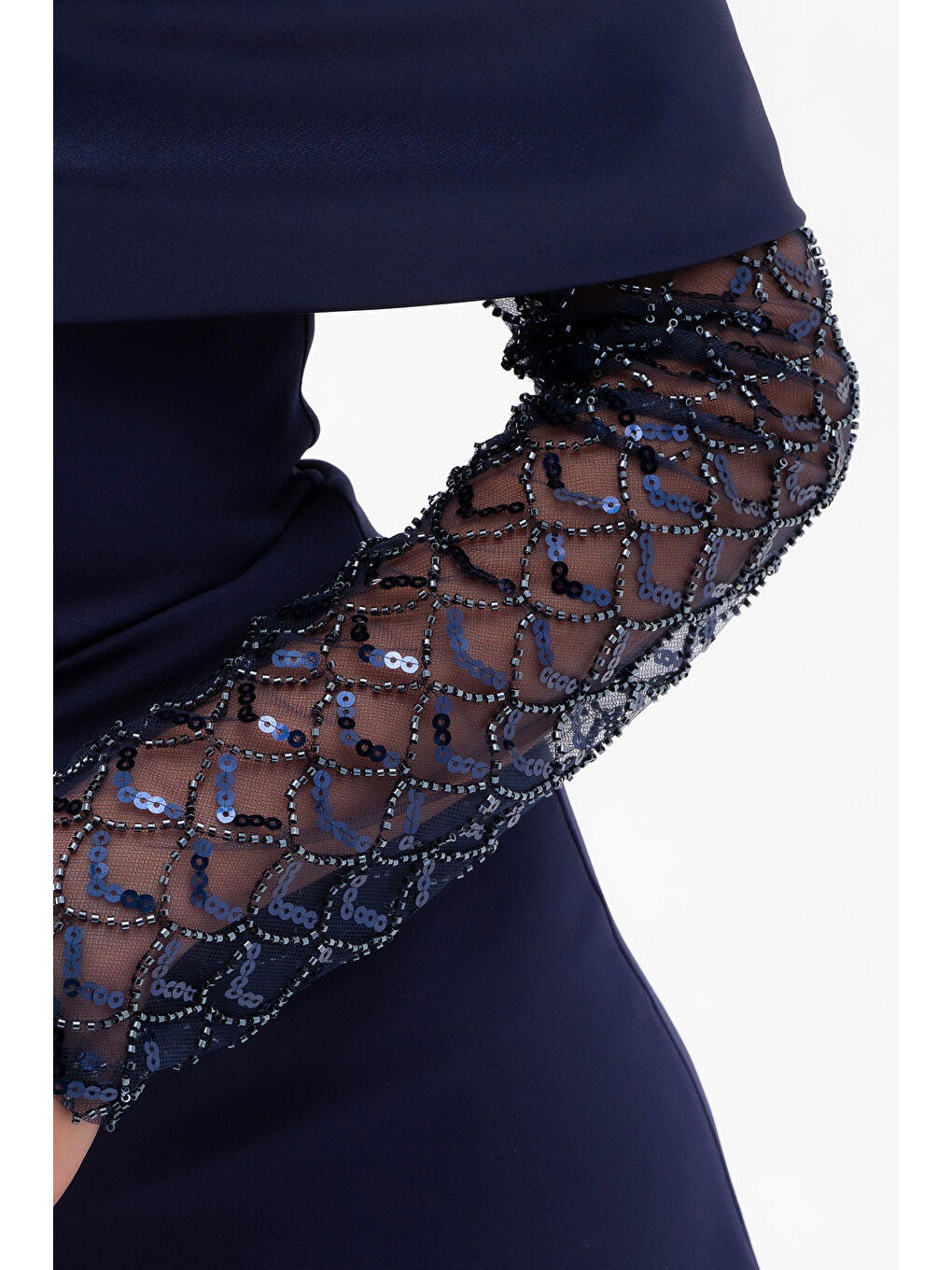 Kadın Lacivert Kol Detaylı Fiyonklu Söz Nişan Nikah Abiye Elbise-3