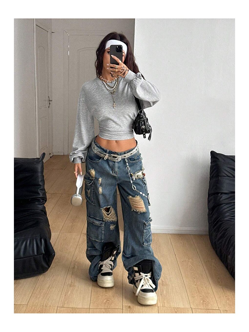 Kadın Gri Bisiklet Yaka Belden Oturtmalı Tasarım Sweatshirt-3