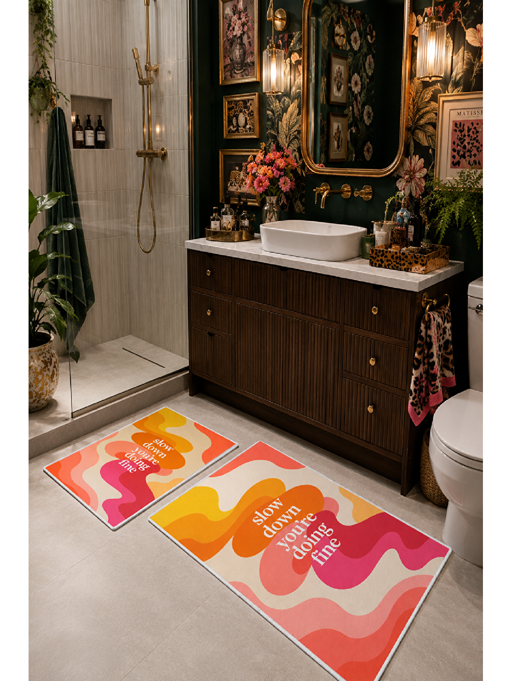 Pembe Turuncu Slow Down Yazılı Dalga Desenli Banyo Paspası 2’li Set-4