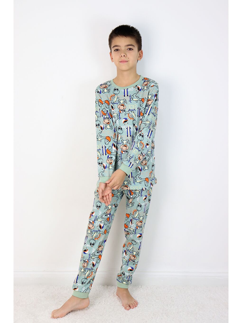 Yeşil Erkek Çocuk Baskılı interlok Kumaş Uzun Kollu Pijama Takımı-5