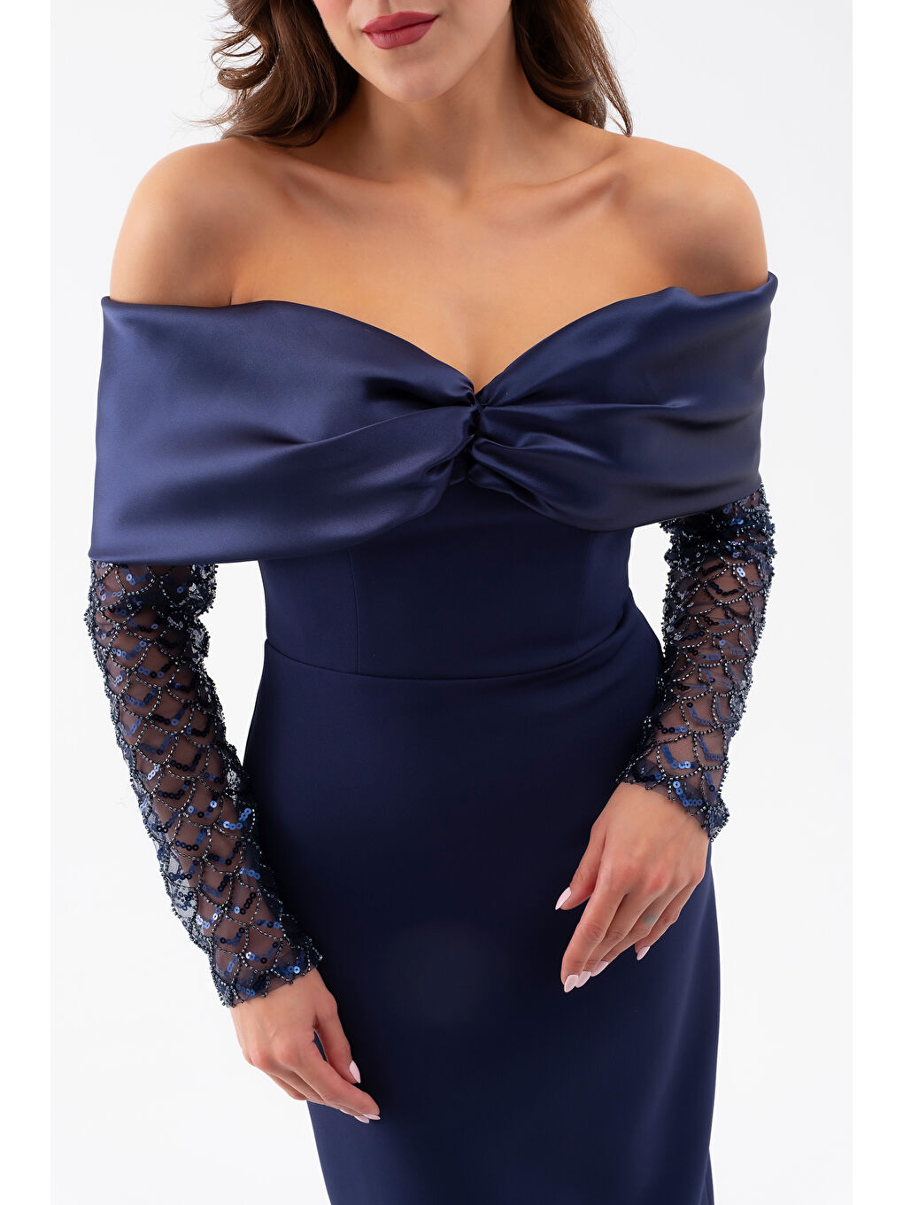 Kadın Lacivert Kol Detaylı Fiyonklu Söz Nişan Nikah Abiye Elbise-4