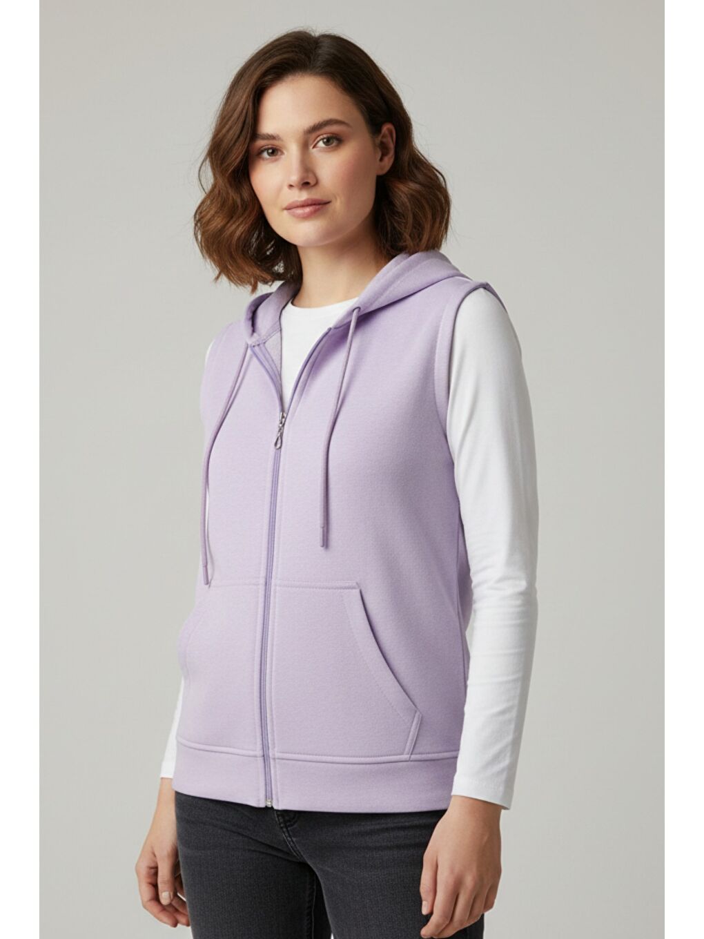 Lila Kadın Sıfır Kol Kapüşonlu Hırka ve Uzun Kollu Tişört Takımı-1