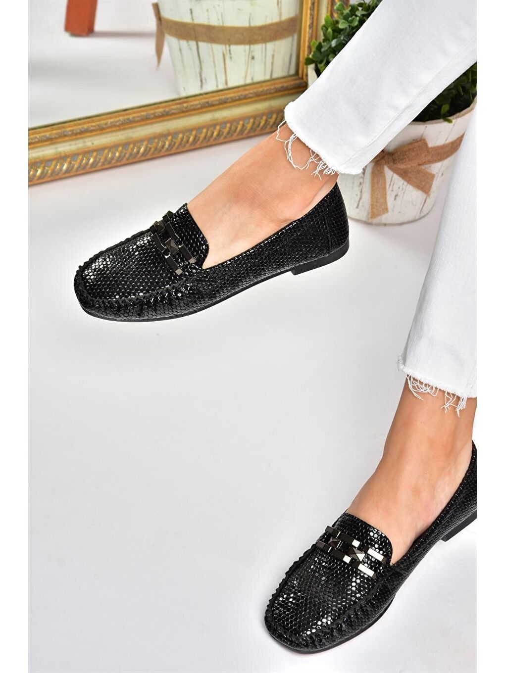 P757020542 Siyah Petek Baskı Kadın Babet-1