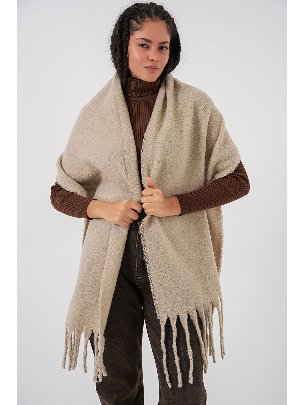 Kadın Yumuşak Dokulu Kalın Şal Atkı 15951 - A.Bej