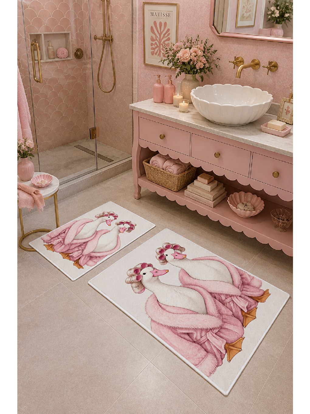 Beyaz Pembe Bornozlu Tavşan Desenli Banyo Paspası 2’li Set-6