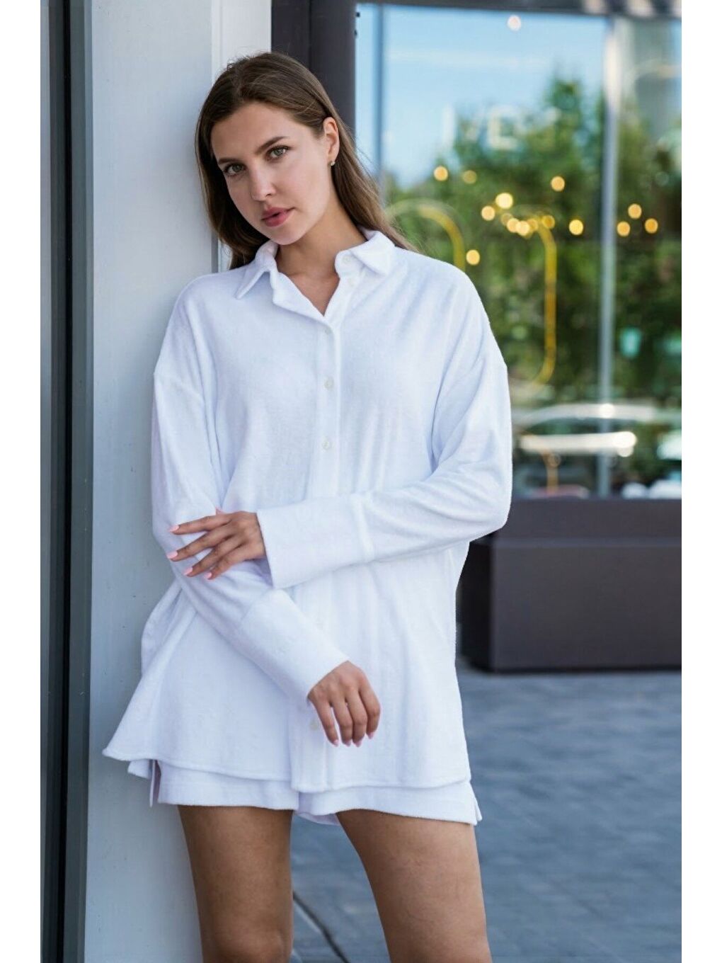 Beyaz Hawaii Kadın %100 Pamuk Havlu Kumaş Oversize Gömlek