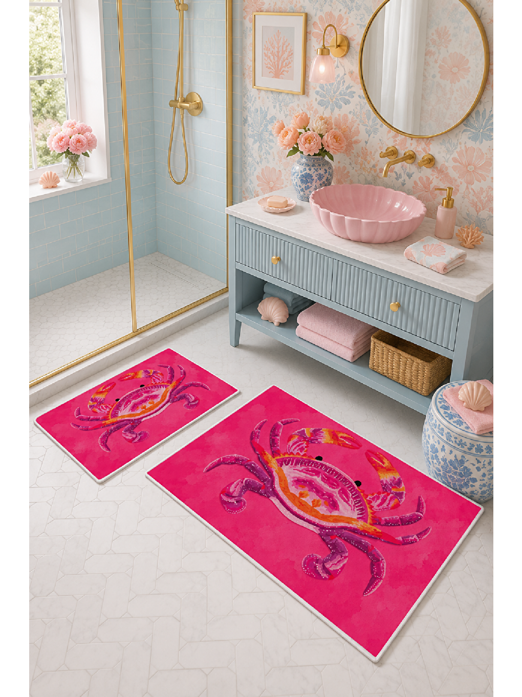 Fuşya Yengeç Desenli Kaymaz Taban Banyo Paspası 2’li Set-6
