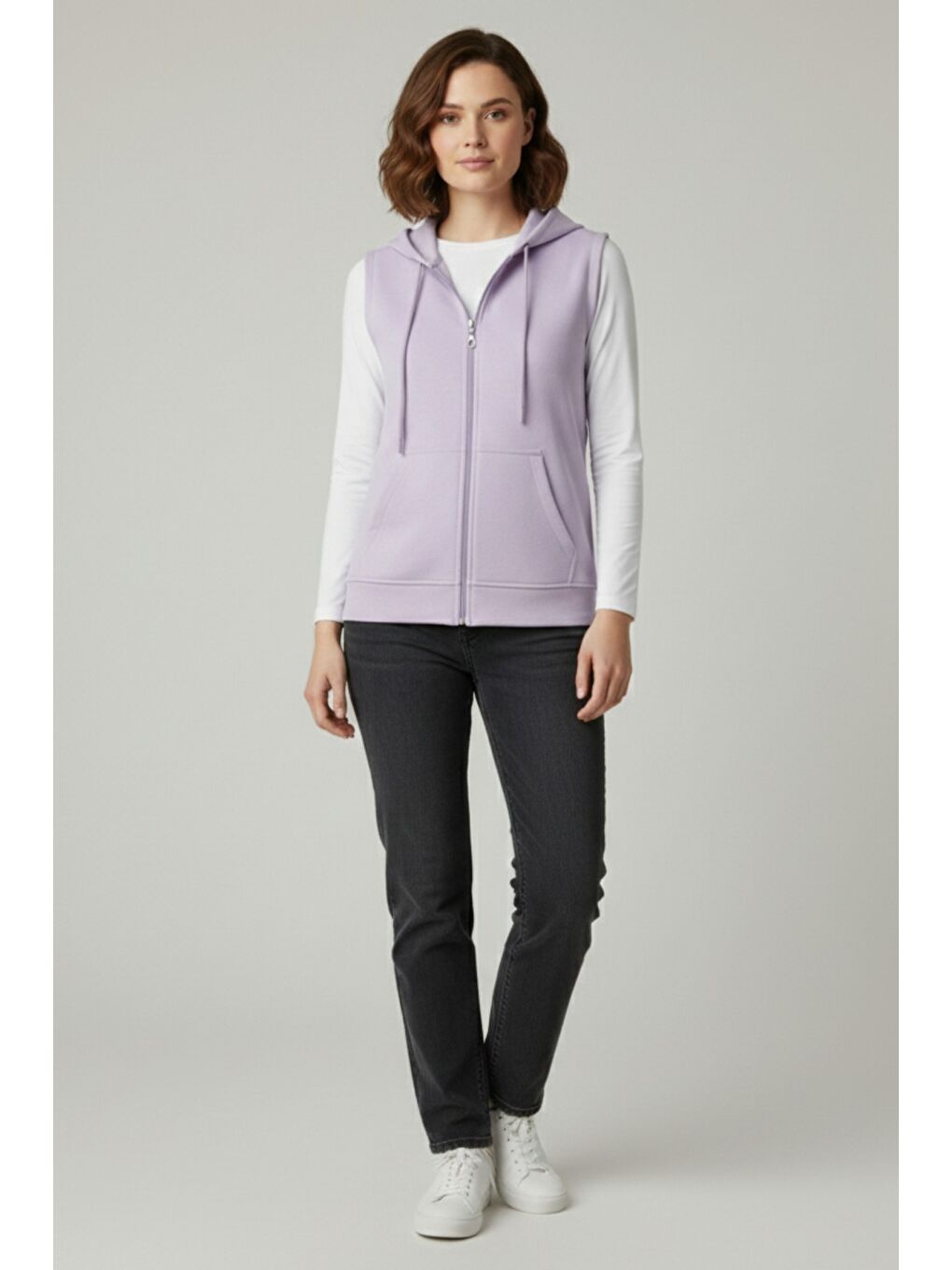 Lila Kadın Sıfır Kol Kapüşonlu Hırka ve Uzun Kollu Tişört Takımı-3