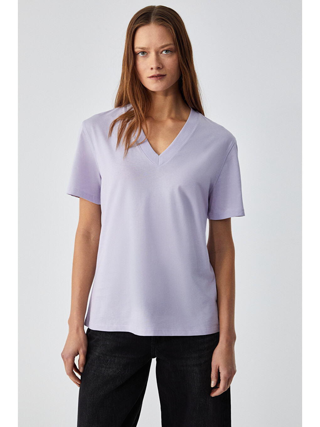 Lila ALINE Kadın %100 organik Pamuk Derin V Yakalı Comfort Fit LİLA T-Shirt