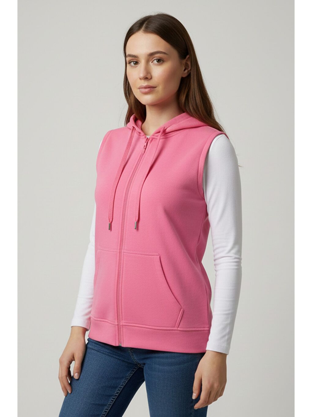 Pembe Kadın Sıfır Kol Kapüşonlu Hırka ve Uzun Kollu Tişört Takımı-1